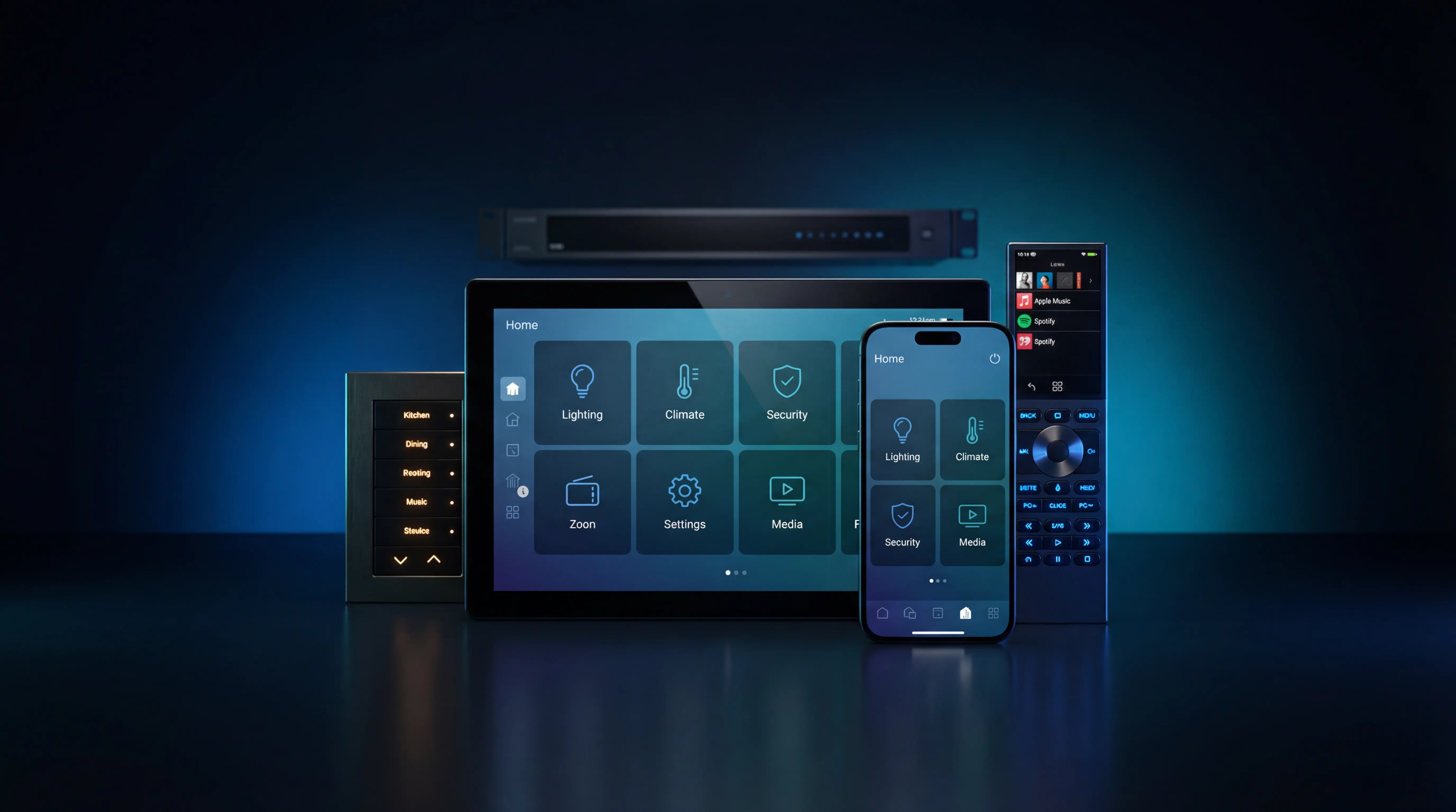 Smart home controllers, touchscreens, remotes and mobile app