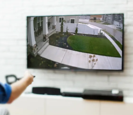 Homeowner viewing surveillance footage on a TV.