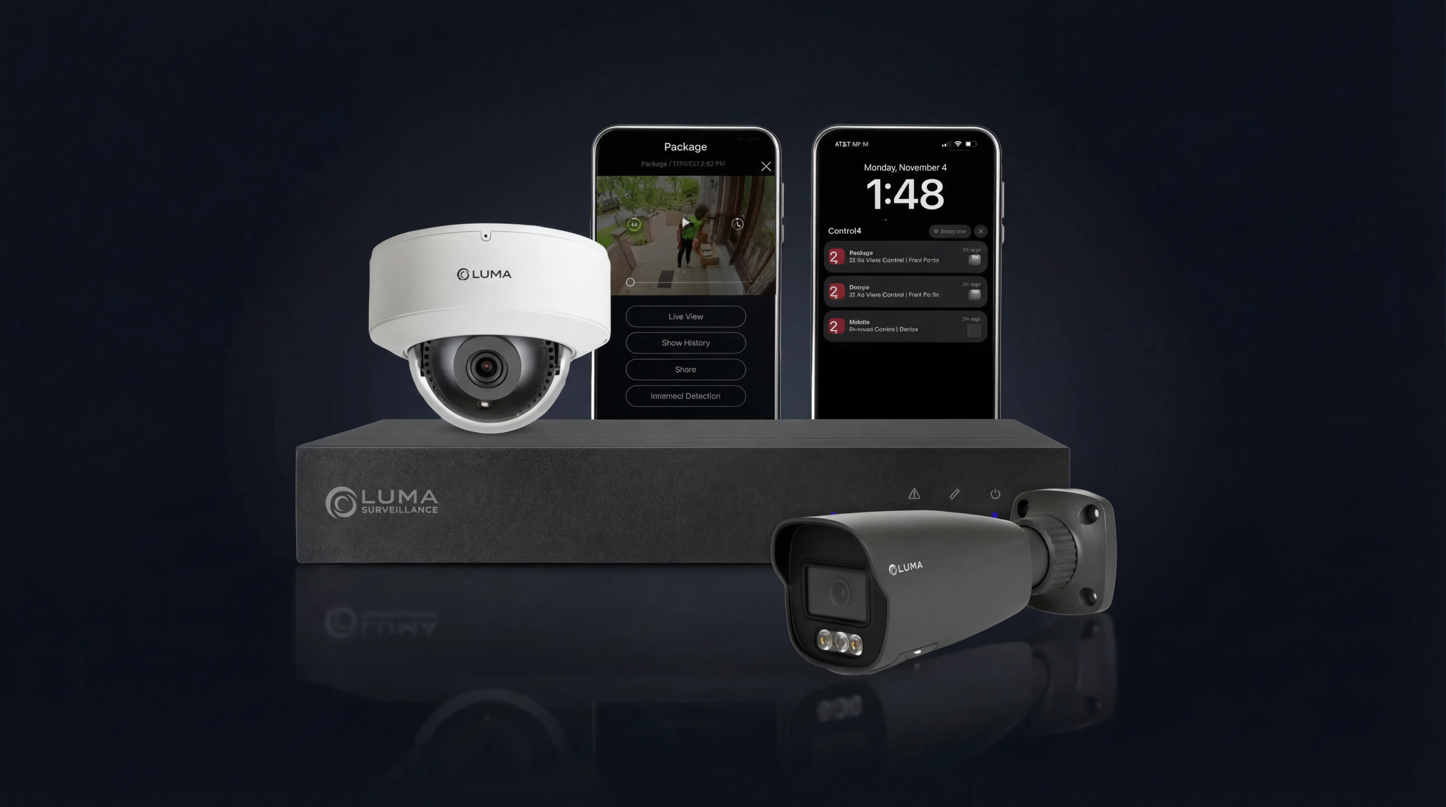 Luma cameras, NVR and mobile apps on a dark background.