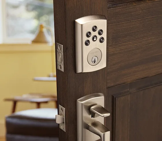 Baldwin smart lock installed on a front door.