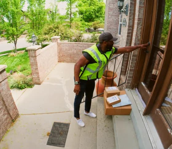 Package at a doorstep captured by a doorbell camera.