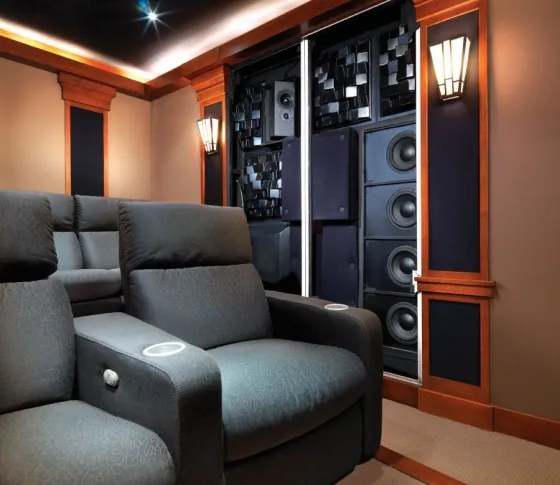 Close-up of custom-built Triad speakers.