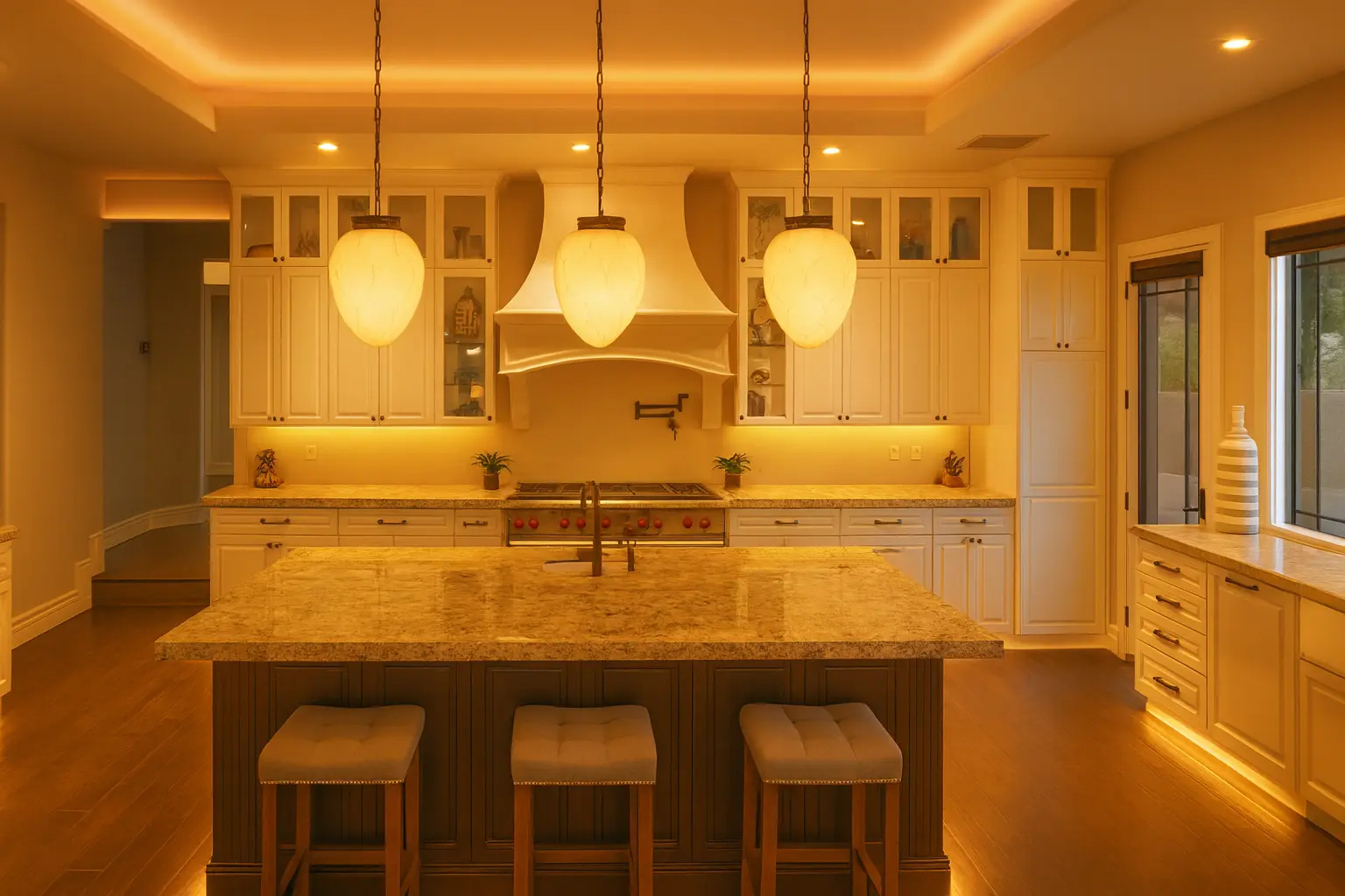 Restaurant bar and lounge with layered linear lighting.