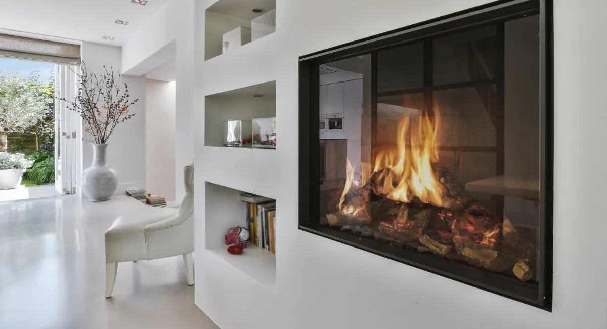 Bright living room with a modern fireplace.