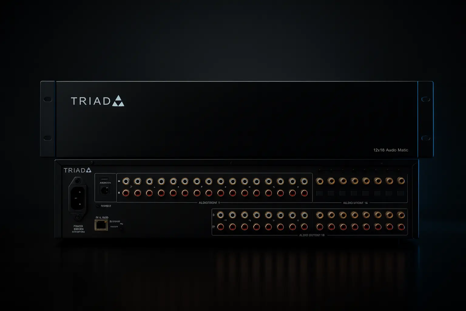 Triad audio matrix switch with many input and output ports.